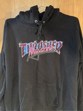 Thrasher Black Hoodie with Pink and Blue Logo